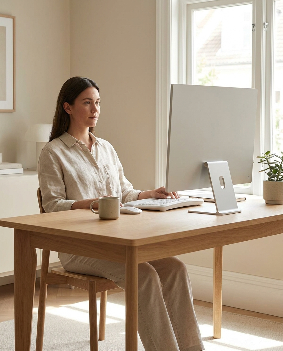Person working at a desk with upright, healthy posture and an elevated monitor