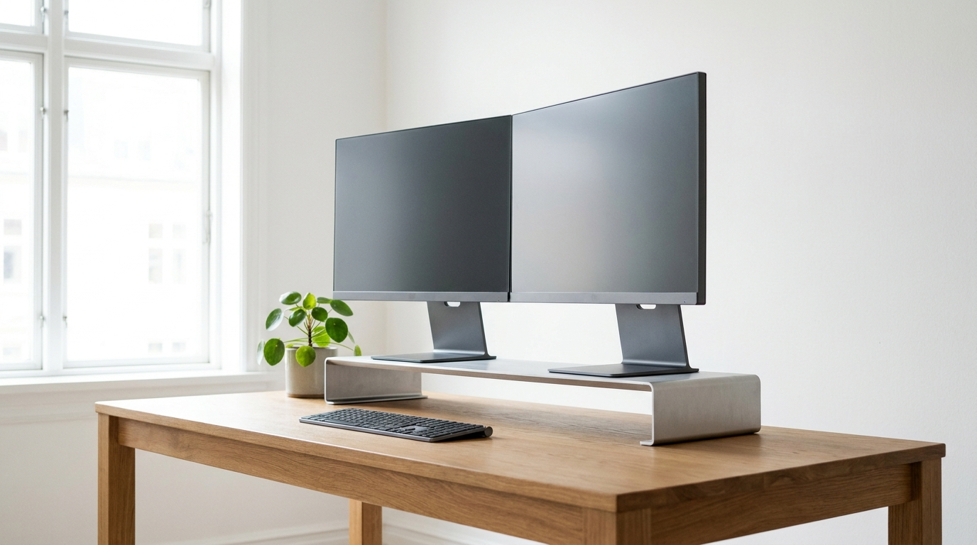 Modern home office desk with an aluminum dual monitor stand raising two screens to eye level
