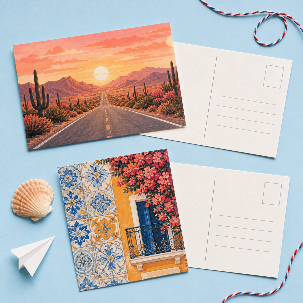 Travel postcard fronts and backs arranged on a blue background
