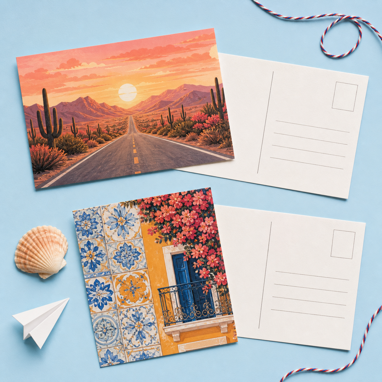 Travel postcard fronts and backs arranged on a blue background