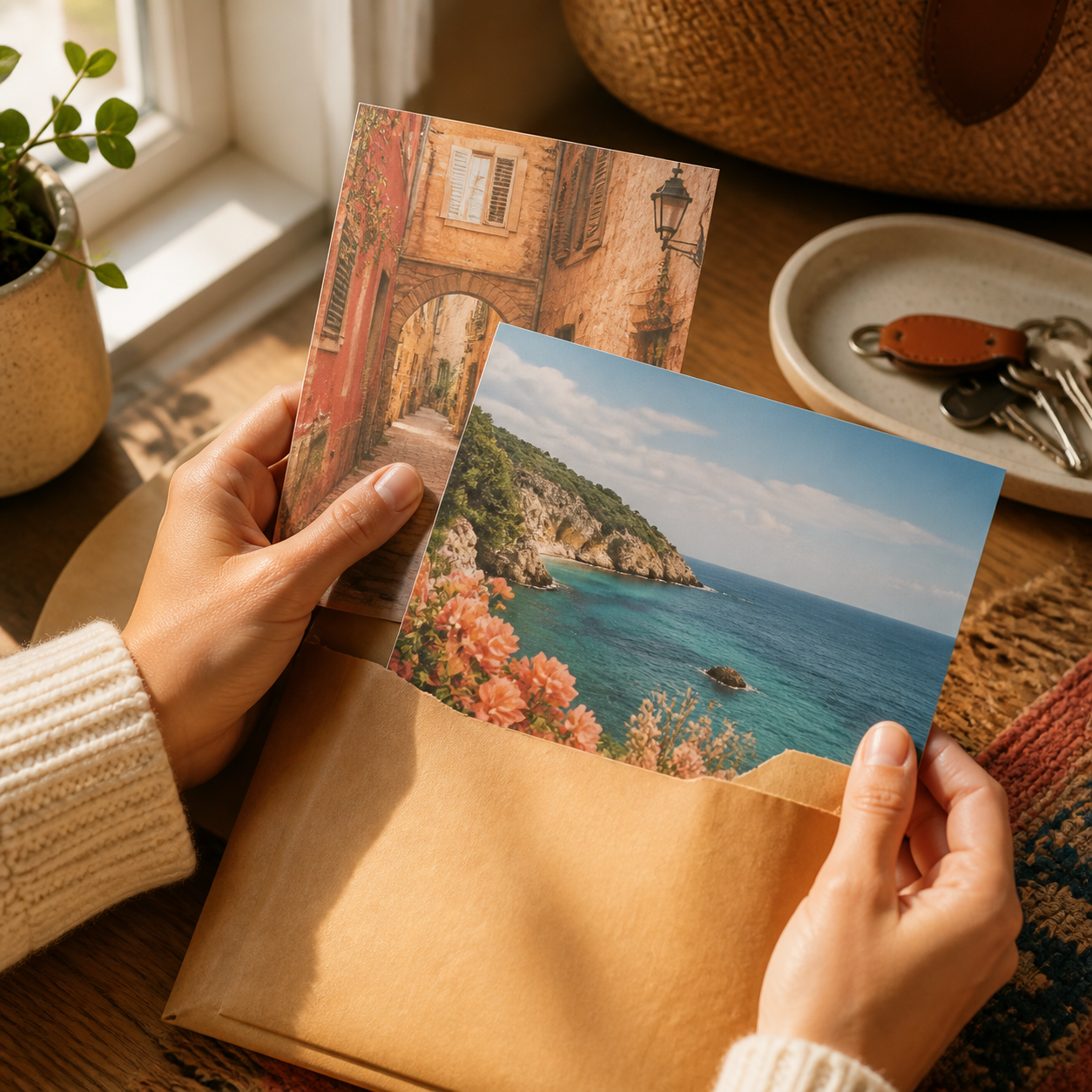 Traveler opening a monthly mailer with two scenic postcards