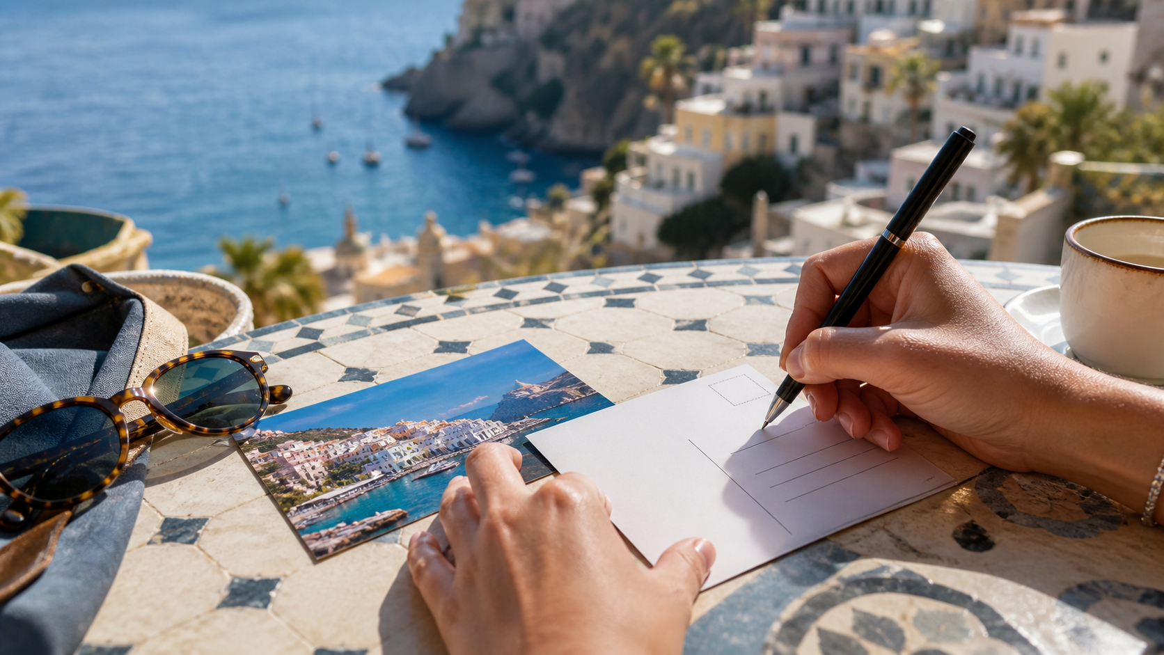 Traveler writing a postcard at a seaside cafe